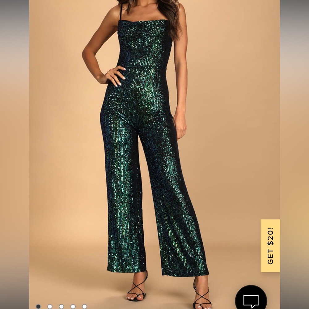 Lulus Dancing to the Music Green Iridescent Sequin Wide-Leg Jumpsuit